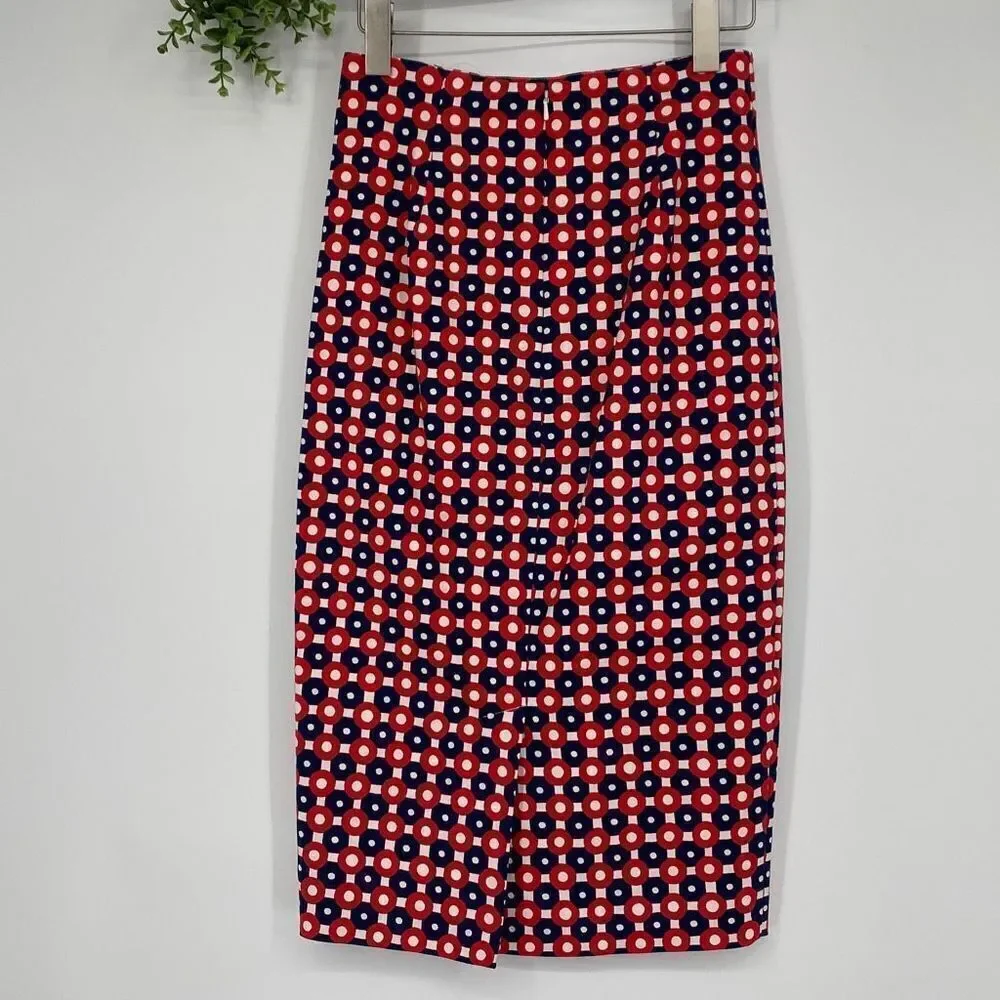 NWOT Boden Richmond MIDI Pencil Skirt Cotton Printed Navy Red White‎ Size 4 Long